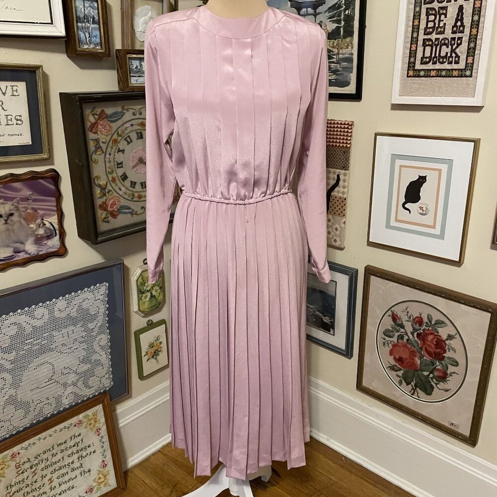 80s Vintage "In The Mood" Light Pink Pleated Midi Dress With Long Sleeves Size M